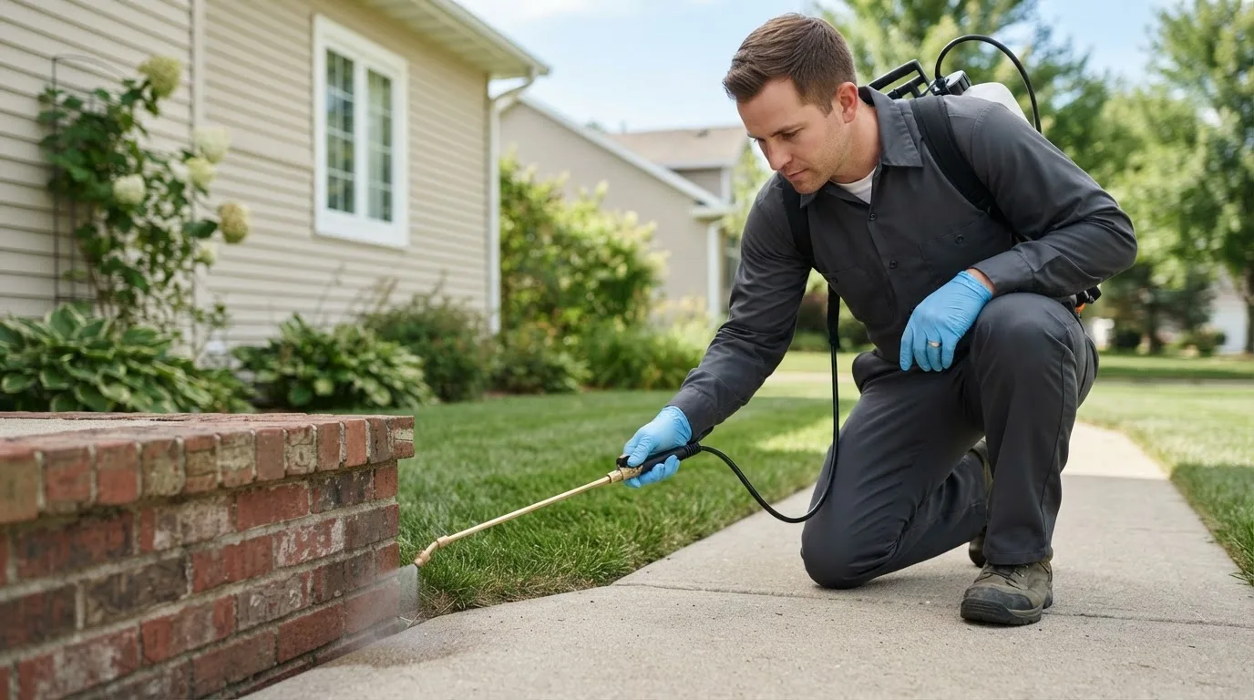 Pest control technician treating a home near Minnewaukan, ND